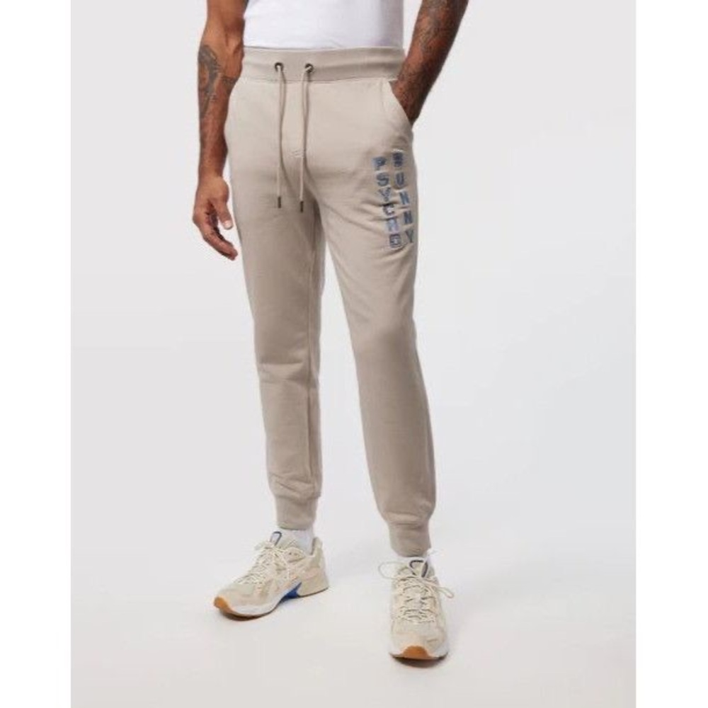 Psycho Bunny Men's Beige Joggers with Blue Logo